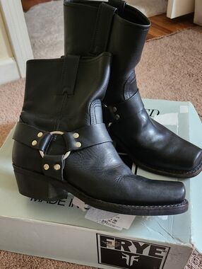 FRYE 8R harness black leather Vtg boots square toe western rodeo festival 8.5